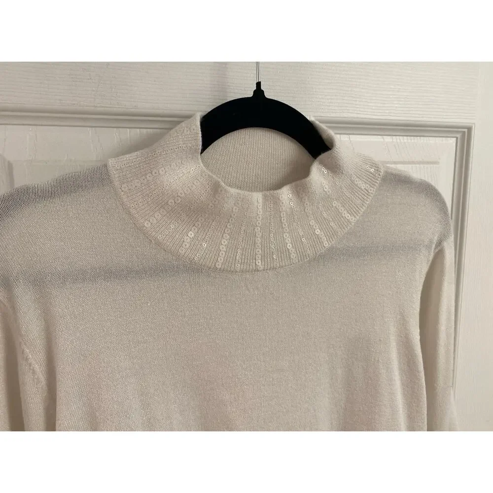 Minimalist Sequin Mock Neck Sweater Cream White Metallic Knit Long Sleeve XL